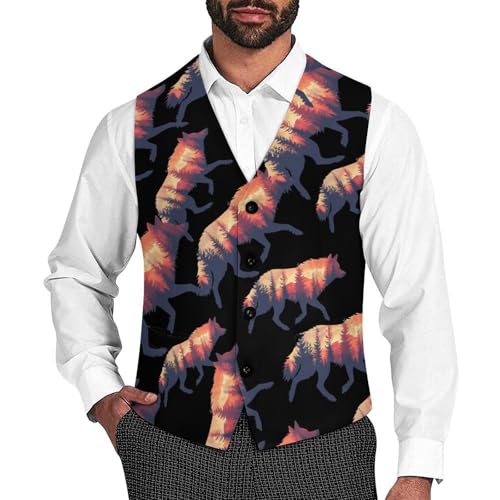 Wolf Nature Forests Men's Suit Vests Dress Vest V-Neck Waistcoat Slim Business Formal with Pocket