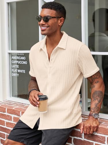 Runcati Men's Casual Button Down Shirts Short Sleeve Textured Shirt Summer Beach Tops3