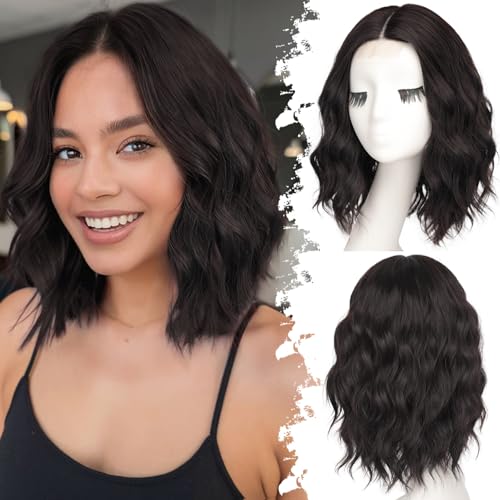 Eawwii Dark Chocolate Brown Short Wavy Wig for Women Lace