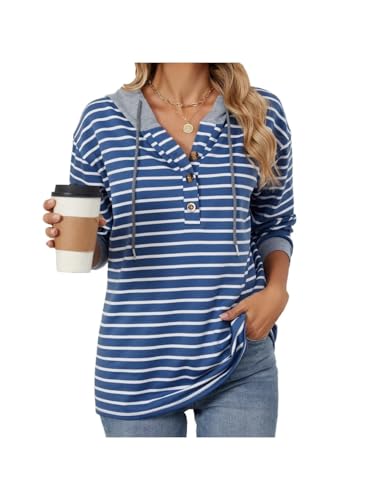 Consejos para Comprar Sudaderas con capucha para Mujer los mejores 10. 45 SEYOCRO Sudadera con Capucha de Manga Larga para Mujer, Suéter, Camisa, Tops (Azul,Mediano)