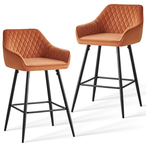 JYMTOM Lot 2 Tabourets de Bar Oranges, Chaises de Salon, Chaises de Bar, Siège en Velours avec Dossier, Accoudoir et Repose-Pieds Métallique pour Bistrots,Bar,Bureau...