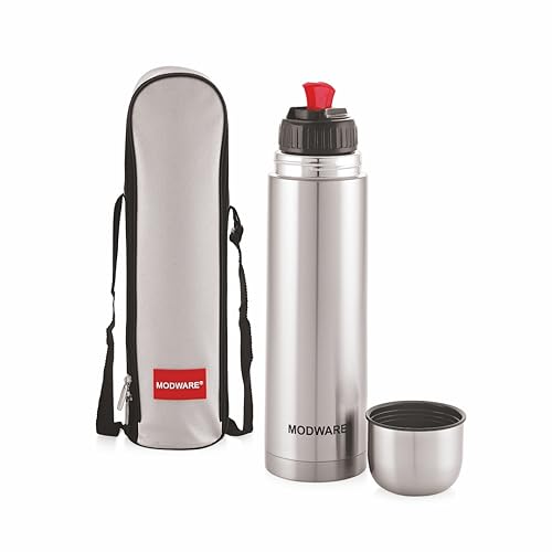 Image of MODWARE Bullet DLX Stainless Steel Double Walled Insulated Vaccum Flask Water Bottle, Rust & Leak Proof Thermos, BPA Free, Hot & Cold Beverages for Upto 24 Hours for Office, Gym, Travel - 500 ML