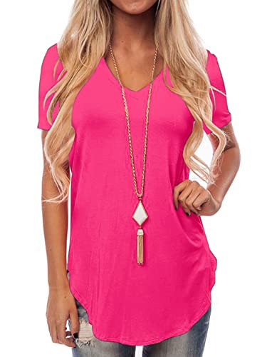 NIASHOT Spring Tops for Women V Neck Short Sleeve Loose Summer Blouse Fuschia L - Thumbnail 3