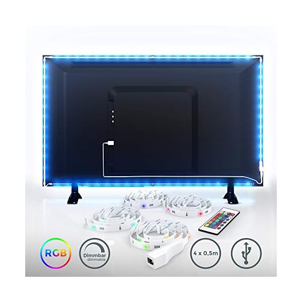 B.K.Licht - TV LED Strip 2m mit Fernbedienung, buntes RGB Licht, dimmbar, LED Streifen, LED Leiste, Gaming Deko, LED Band, LED Lichtleiste, LED Lichtband, TV Beleuchtung, 50,5x1x0,3 cm, Weiß – Bild 3