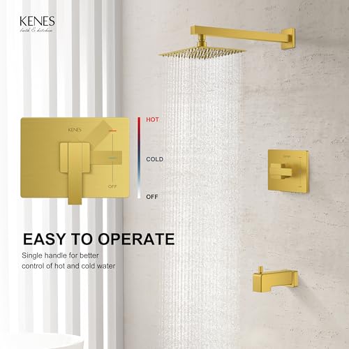 Image of KENES Brushed Gold Shower Set with Tub Faucet, Square Tub Shower Faucet Set
