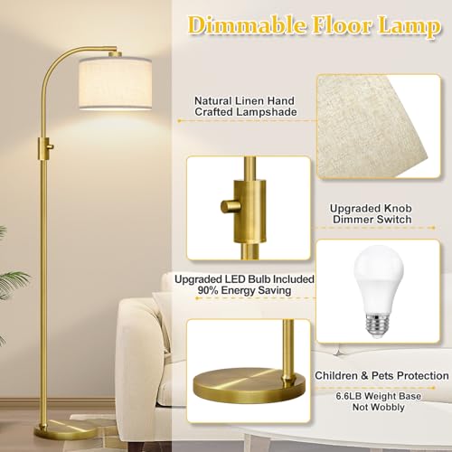 Image of Nintiue Upgraded Modern Arc Dimmable Tall Standing Floor Lamp with Linen Shade, 1200 Lumens LED Bulb Included, for Living & Reading Room, Bedroom, Office & Nursery, Brass
