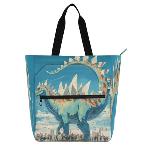 Decorative Children's Book Tote Bag for Boys Girls Adults, Dinosaur Concert Surreal Style Blue Sturdy Library Book Tote Shopping Bag with Zipper Handles for School Shopping Beach Rainbow para