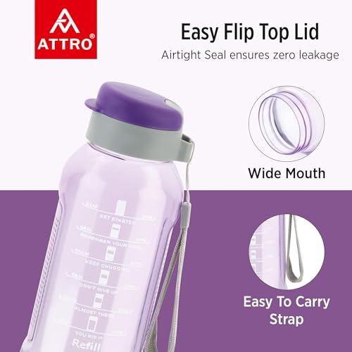 Image of ATTRO Ultra Pro Motivational 1-Liter BPA-Free Water Bottle with Leak-Proof Flip-Top Cap, Nylon Strap and Stylish Color for Daily Hydration Set of 4-Violet