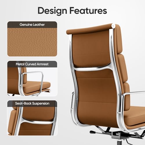 Image of Genuine Leather Office Chair, Padded Executive Desk Chair with Arms, Wheels, Lumbar Support, Aluminum Base (Light Brown, High-Back)
