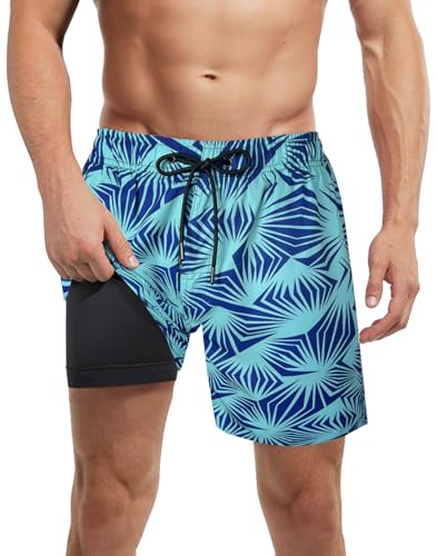 LUCOWEE Mens Swim Trunks with Compression Liner Anti Chafe Boxer Brief Lined Swimming Trunks Bathing Suits UPF 50 Stretchy 7 inch Inseam Swimsuit Shorts Green Palms Navy Medium