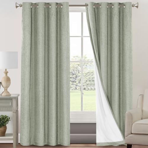 Image of PrinceDeco 100% Blackout Curtains for Bedroom Linen Black Out Curtains for Living Room 90 Inch Long Faux Linen Fabric Grommet Thermal Curtains for Summer Heat with White Liner,52X90 Inch,Sage
