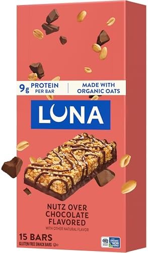 LUNA Bar - Nutz Over Chocolate Flavor - Gluten-Free - Non-GMO - 7-9g Protein - Made with Organic Oats - Low Glycemic - Whole Nutrition Snack Bars - 1.69 oz. (15 Count)