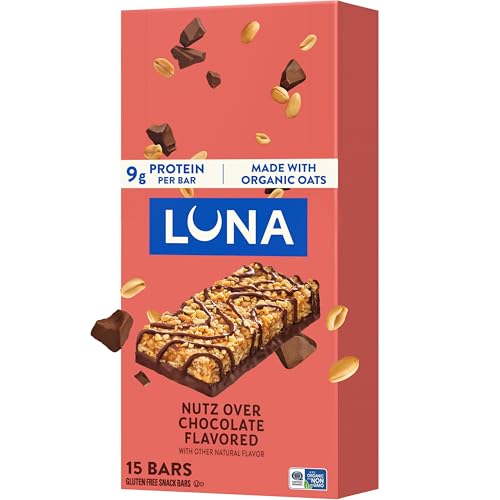 LUNA Bar - Nutz Over Chocolate Flavor - Gluten-Free - Non-GMO - 7-9g Protein - Made with Organic Oats - Low Glycemic - Whole Nutrition Snack Bars - 1.69 oz. (15 Count)