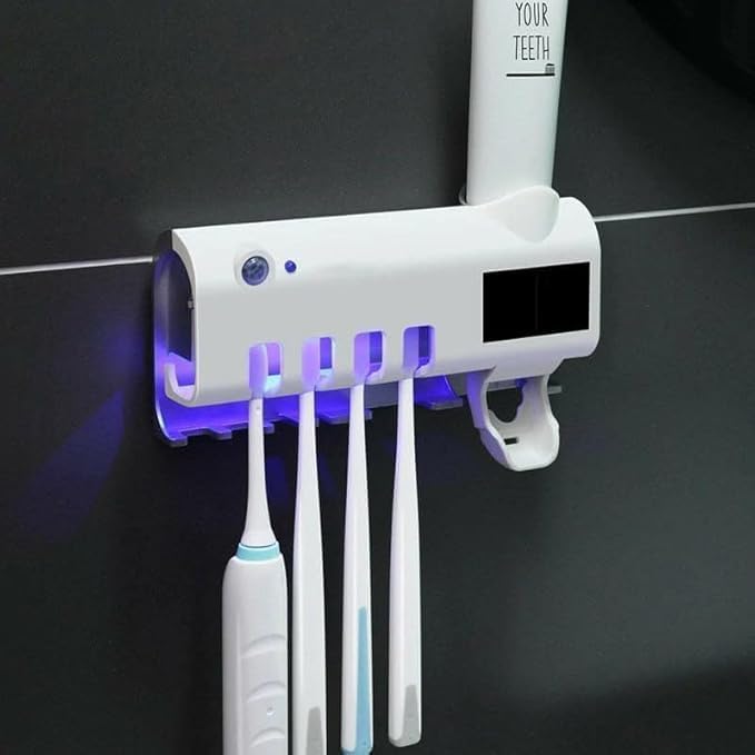 Image of UV Toothbrush Holder with Sterilizer, Multi-Slot Wall Mounted Toothbrush Stand | Drill-Free Installation | USB & Solar Charging | Bathroom Smart Storage Organizer (White)