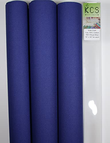 Image of KCS 3 pc of 15 inch x 18 inch Counted Cross Stitch Cotton Aida Cloth Needlework Rolled Fabric Box,18CT,Royal Blue