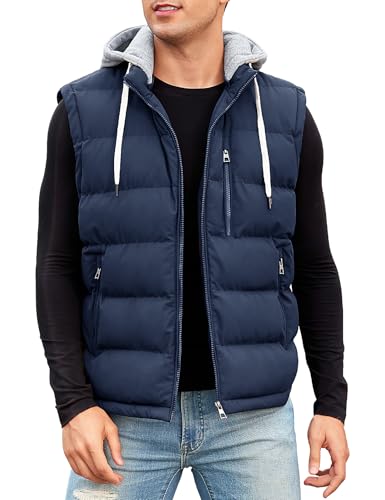 CMTOP Chaleco Hombre con Capucha Repelente al Agua Chalecos, Cálido Invierno Gilet con Cremallera Ligero Térmico Chaqueta Sin Mangas BodyWarmer Vest con Multibolsillos(Azul Marino,L)