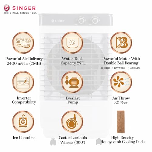 Image of SINGER New 37L Aero Ultima Personal Air Cooler For Home | High Speed Fan | 30 FT Powerful Air Throw | Inverter Compatible | Cooler For Home | 3 Years Warranty【White】
