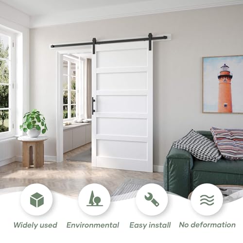 Image of Fredbeck 40x80 inch White Barn Door with 7FT Sliding Door Hardware Kit Included & Handle,MDF,Solid PVC Surface,DIY Assembly,5-Panel