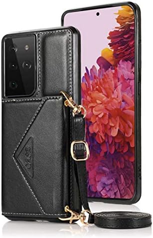 Wallet Case Compatible with Samsung Galaxy A21s Crossbody Leather Phone Case with Credit Card Holder and Strap Magnetic Flip PU Kickstand Cases Shockproof Protective Shell Cover(Black)