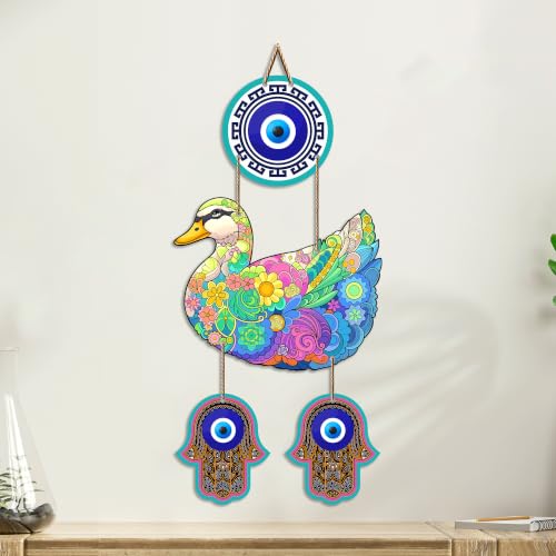 Image of Artvibes Floral Art Duck Evil Eye Wall Hanging for Home Entrance & Main Door | Decorative Nazar Battu Protection Decor for Living Room | Bedroom | MDF Artistic Home Decoration Accent Gift (WH 85129N)
