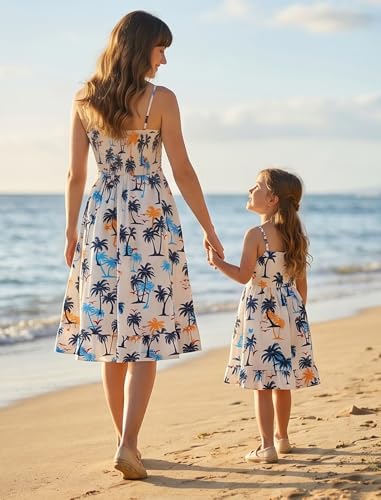 Image of AWIBMK Hawaiian Family Matching Outfits Mother Daughter Tropical Dresses Father Son Shirts for Beach Vacation Luau Party
