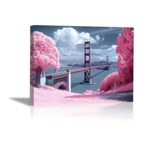 AIHNBF Golden Gate Bridge Rosa Paisaje Lienzo Arte de Pared Moderno San Francisco Paisaje Urbano Impresión Única Decoración para el Hogar 40 x 60 cm