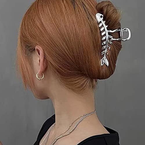 Large Metal Hair Clips Fish Bone Shape Hair Claw Clip Irregular Geometric Hair Jaw Clamps Silver Hairpin Clips Strong Hold Non-Slip Hair Catch Barrettes Jaw Clamps for Thick Thin Hair Accessories
