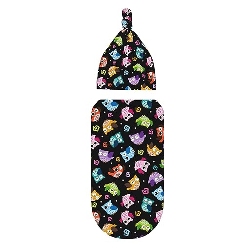 Image of Cartoon Owl Newborn Swaddle Blanket with Hat Sets Newborn Receiving Blanket for Boy Girl Swaddle Sack Shower Infant Gift