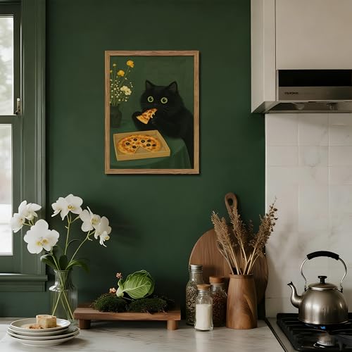 額入り黒猫のウォールアート、かわいい猫がピザを食べるキャンバス、面白いキッチン写真の装飾、遊び心のある食べ物好きのプリントアートワーク、キッチンダイニングルーム用の風変わりな動物の壁の装飾 – 8x10インチ