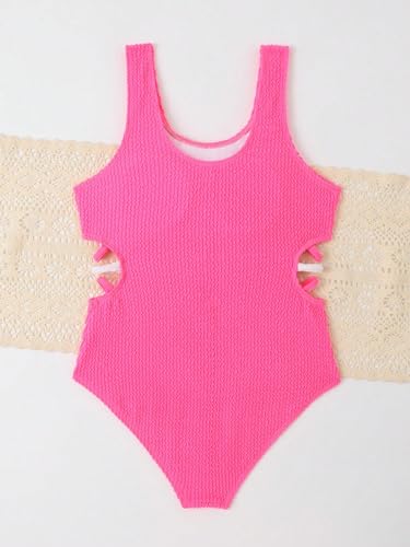 Image of WDIRARA Girl's One Piece Swimsuit Cut Out Side Scoop Neck Swimwear Bathing Suit Hot Pink 10Y