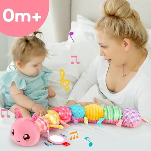 Baby Spielzeug 0 3 6 Monate Raupe Musikspielzeug, Montessori Sensorik SpielzeugBaby Geschenk Mädchen mit Lineal Greifling Rassel Spiegel, Babyspielzeug Neugeborenen Geschenk, Tummy Time Baby Toys