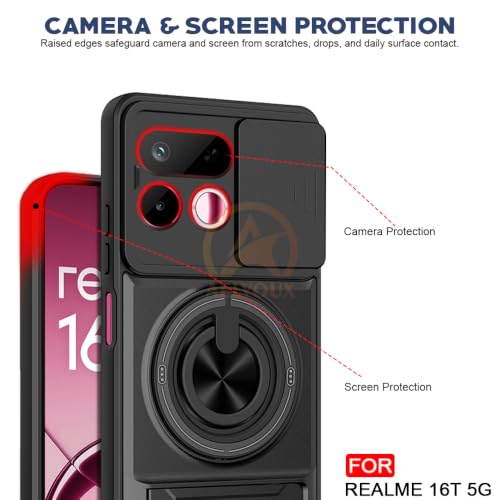 Image of Realme 16T 5G Back Cover | Armor Camera Slider 360 Degree Rotating Finger Ring Holder Case with Bracket Stand Back Case Cover (Compatible with MagSafe Accessories) (Black)