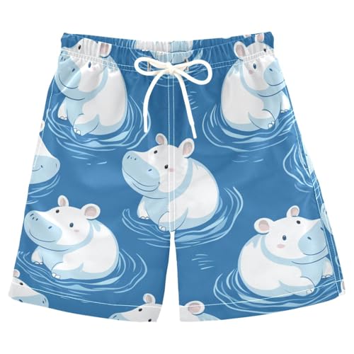 Boys Beach Board Shorts Hippo Blue Cartoon Animal Swim Trunk Teen Swimwear 8-16Y