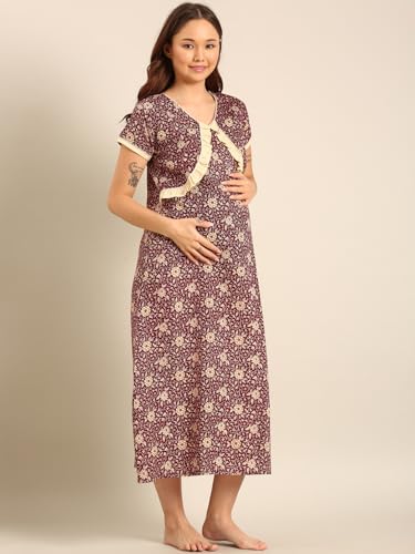 Image of Rupa Jon Aishwarya Women Full Length Maternity Night Dress in Cotton Blend Fabric, Maxi Nighty, Pregnancy Night Dress for Nursing, Pre and Post Pregnancy