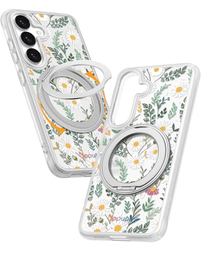 Coque Samsung S25 antichoc avec anneau rotatif 360 et MagSafe floral