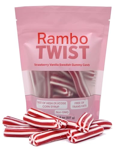 Swedish Candy Rambo Twist Strawberry Vanilla Licorice Bites Resealable Bag No High Fructose Corn Syrup, Non-GMO Candy 8 Ounce