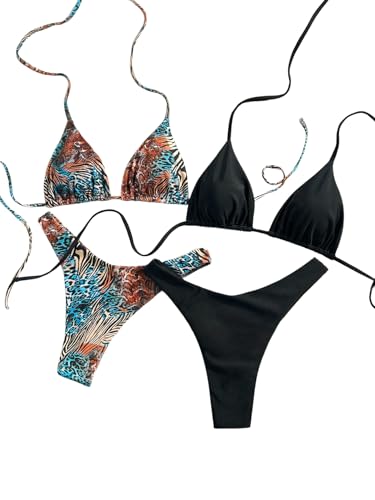 RoseSeek 2 Pack Leopard Print Bikini Sets Halter Triangle Top Brazilian Bottom Animal Print Swimwear Bundle Snake and Black Large