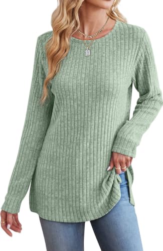 Image of Jescakoo Long Sleeve Shirts for Women Crew Neck Fall Tops Side Split Lightweight Tunic Sweaters Fashion Clothes 2026 S-4XL