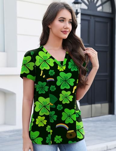 AKEWEI St Patrick\'s Day Scrubs for Women Lucky Clover Print Green Leaf Nursing Uniforms V Neck Scrub Shirts with 2 Pockets M - Thumbnail 4