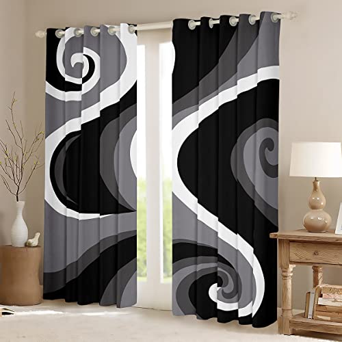 Black Gray Trippy Swirl Curtains For Bedroom Circle Geometric Blackout Curtains(30-50%) Women Men Farmhouse Abstract Geometry Darkening Curtains Retro Stripe Window Drapes (2 Panels, 52 X 63 Inch) #TOP1