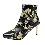 Botines para mujer, botas cortas con tacón de aguja, punta puntiaguda, flores estampadas, botines de piel sintética, elegantes botas, otoño, invierno, zapatos de mujer, Le Noir, 41 EU