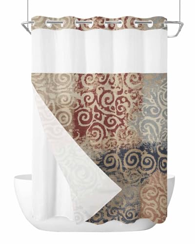 No Hook Shower Curtains with Snap-in Liner Set, Vintage Abstract