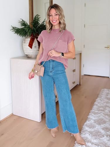 Image of Imily Bela Summer Fall Short Sleeve Sweater for Women | 2026 Crew Neck Ribbed Knit Vests Trendy Pullover Tops,Sweater Tank Tops,Sweater Vest