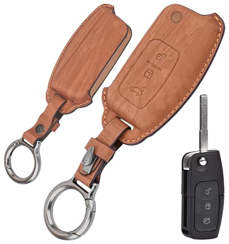 Image of Wooden PU Leather Key Cover Compatible with Ford Fiesta Figo Old Ecosport Flip Key 3 Button Smart Key Stylish Wooden Texture & Durable Premium PU Leather Protection