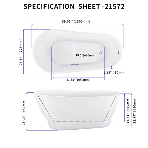 Image of 59 inch Acrylic Freestanding Bathtub, Elegant Skirted Free Standing Tub, Soaking Tub with Integrated Slotted Overflow, Toe-Tap Chrome Drain, cUPC Certified, Glossy White