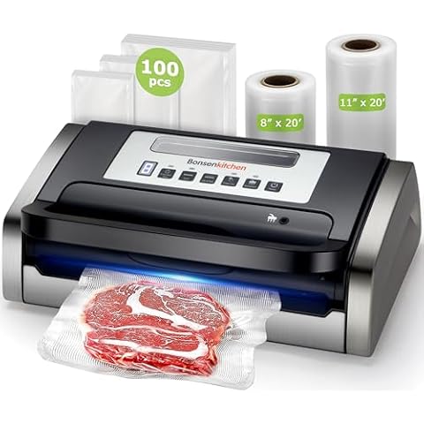 Bonsenkitchen Vacuum Sealer Machine, Powerful Low-Noise Food Vacuum Sealer for High-Speed Continuous Working, Handle Locked Design, Built-in Cutter, 2 Bag Rolls + 100 PCS Vacuum Bags Cover