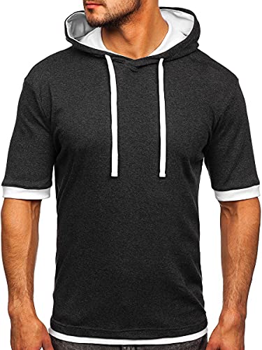 BOLF Uomo T-Shirt con Cappuccio Maglietta Manica Corta Scollo Rotondo Top Girocollo Motivo di Stampa Abbigliamento Sportivo Logo Sport Street Style 08 Antracite-Bianco L [3C3]
