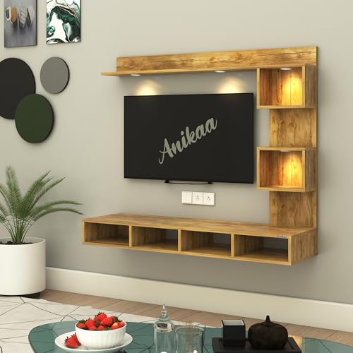 Image of Anikaa Kirina Engineered Wood Wall Mount TV Unit with LED Lights TV Cabinet TV Entertainment Unit Set Top Box Stand (Giantwood) (Ideal for 43 Inch)(D.I.Y)
