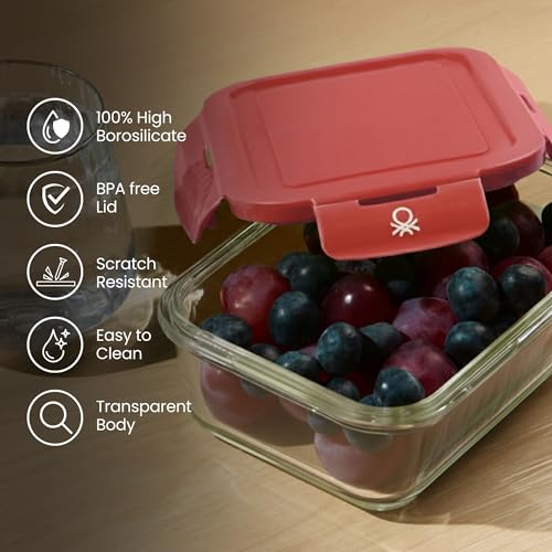 Image of United Colors of Benetton 840 ML Borosilicate Glass Food Storage Container with Airtight Red Lid - Leakproof, Microwave, Oven, Freezer & Dishwasher Safe - Durable & Reusable Lunch /Dinner Box