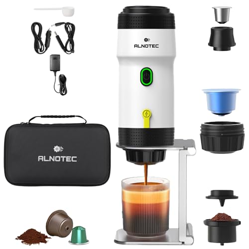 Alnotec blanco - Cafetera expreso portátil 20 bares recargable, cafetera automática y compatible con cápsulas NES, DG & Café molido, cargador USB, 220 V y funda de coche + soporte de goteo.